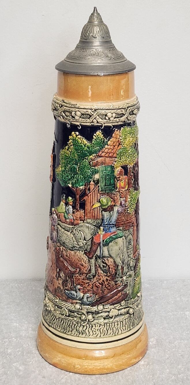 Vintage German  Beer Stein w Pewter Lid-Tall 17"